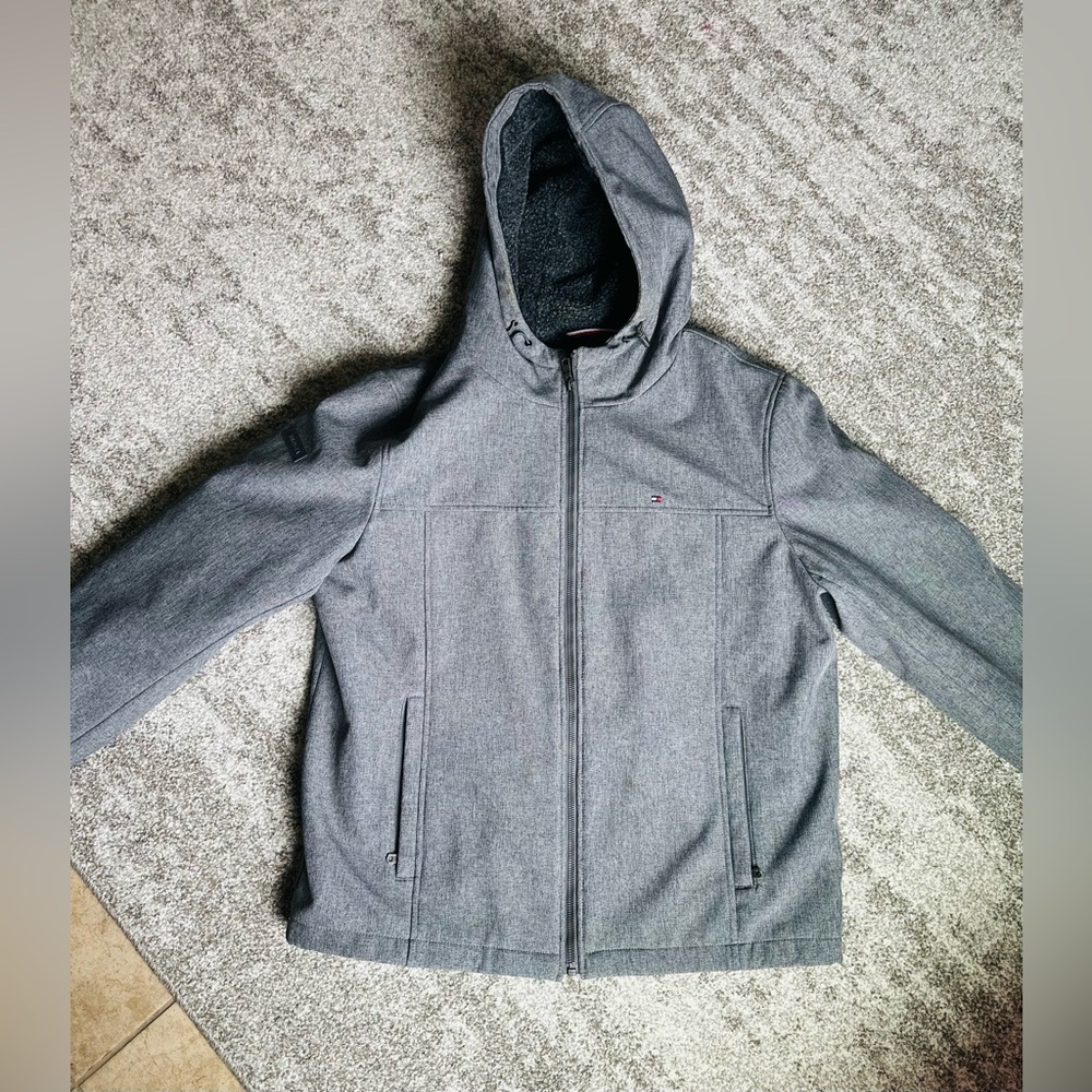 Tommy Hilfiger Jacket Mens Large Gray Coat Hoodie Sherpa Lined Outdoor